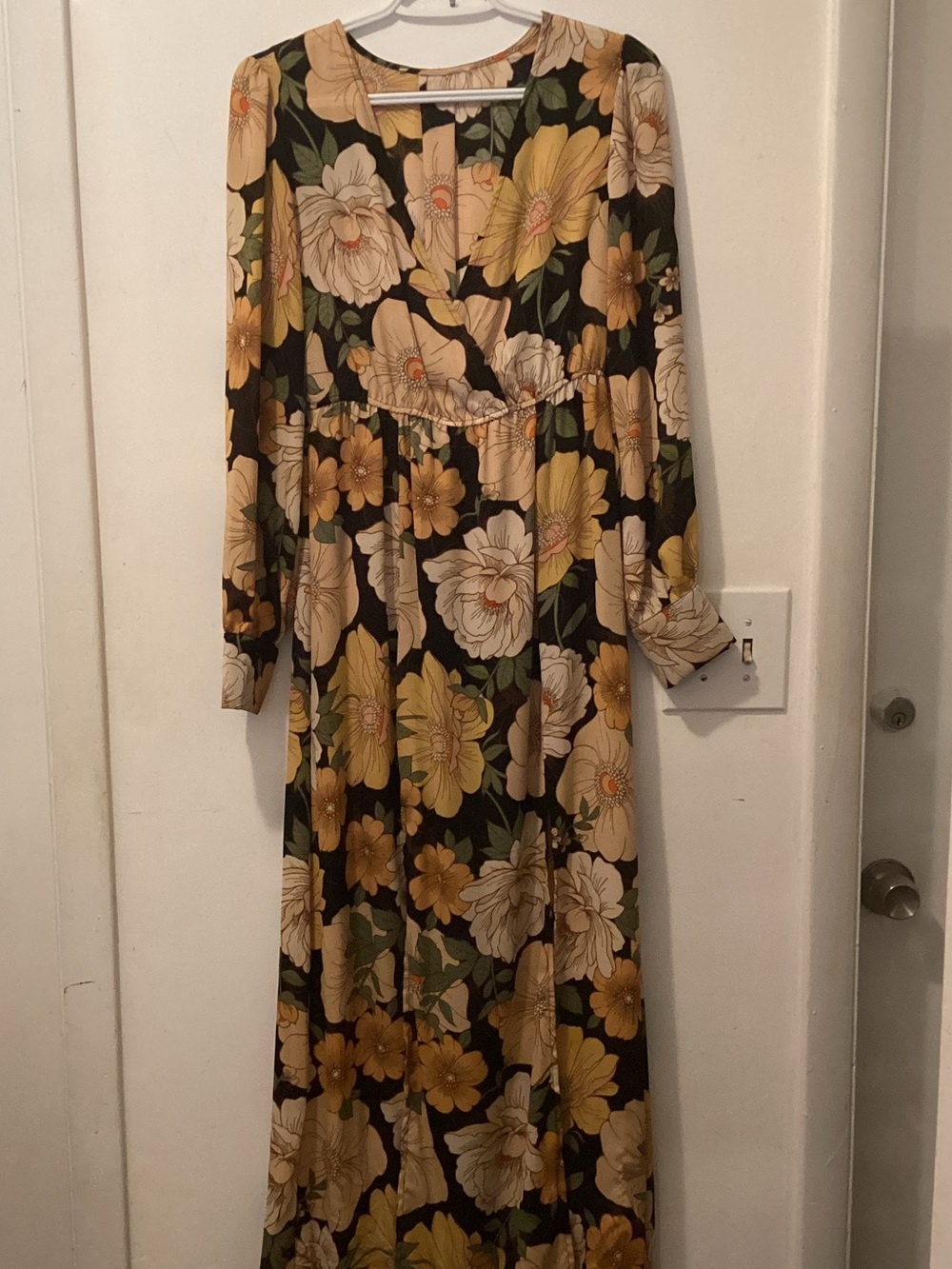 Vintage Black Maxi Dress with Mustard and Cream Floral Print